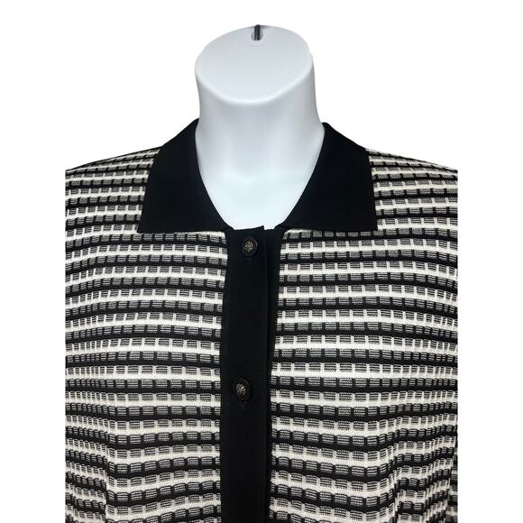 Misook Vintage 90s Black White Ribbed Knit Button Up Sweater Shirt Large Stretch - Picture 4 of 8